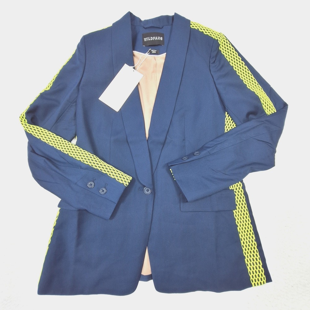 Wildfang Empower Colorblock Tux Blazer Womens Medium Navy Blue Neon Mesh Stripe